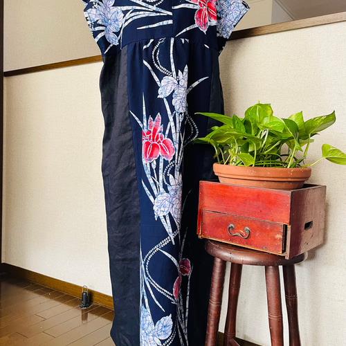 浴衣 着物リメイク 浴衣ギャザーワンピース リネン生地＆お花