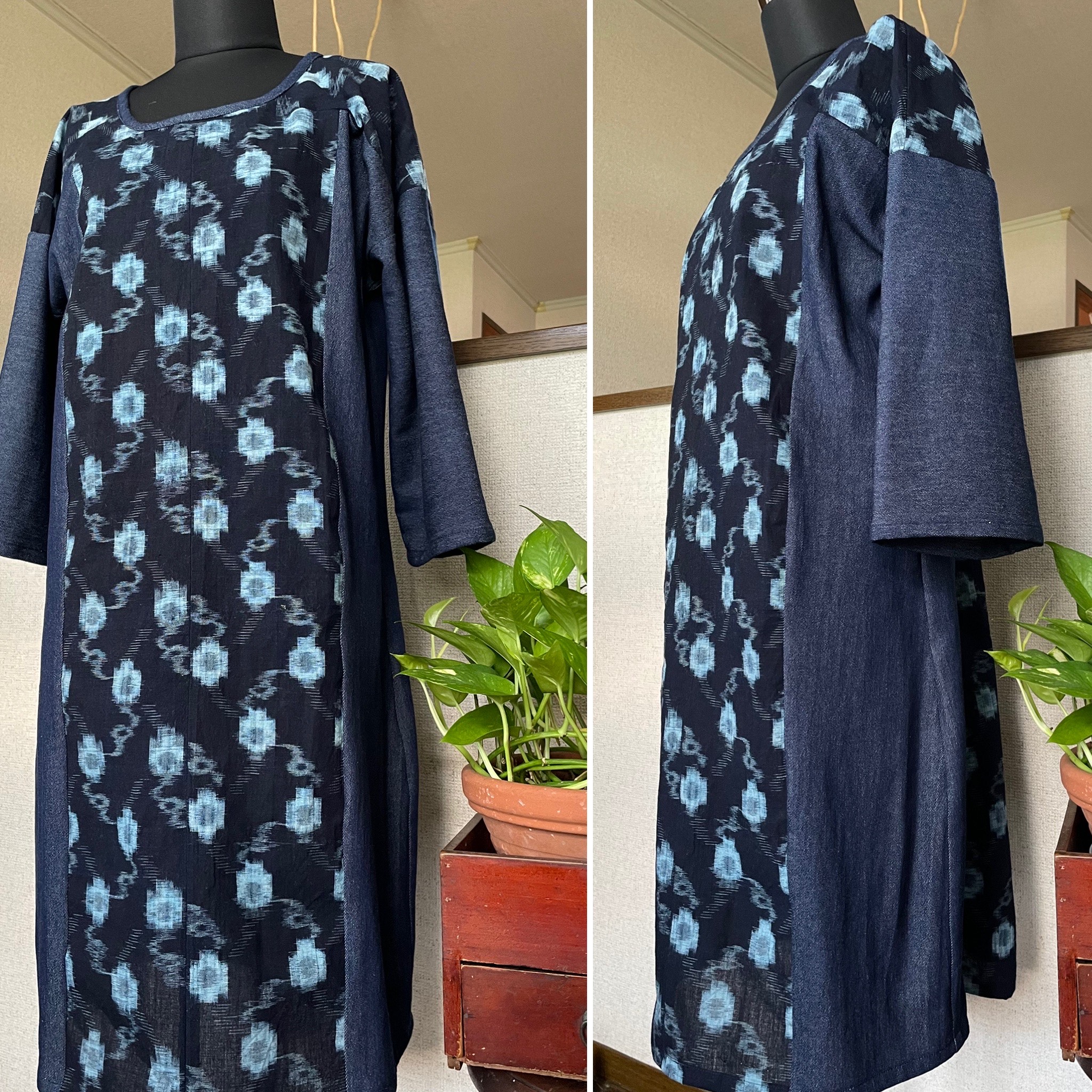 着物リメイクワンピース1732 木綿絣反物　ゆったりワンピース　ロング丈