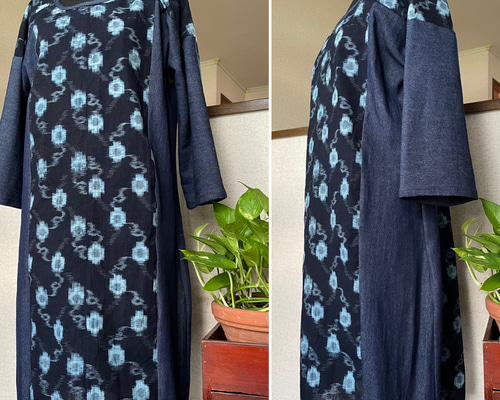 着物リメイクワンピース1767 木綿絣反物 ゆったりワンピース ロング丈