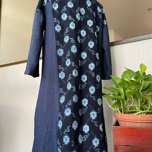 着物リメイクワンピース1732 木綿絣反物　ゆったりワンピース　ロング丈 着物リメイクワンピース1732 木綿絣反物 ゆったりワンピース