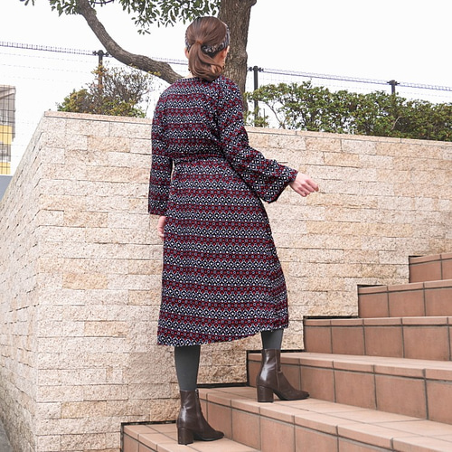 RH Vintage ワンピース　お値下げ中 お値下げ＊レトロ柄＊ハイウエストデザイン＊フレア袖ワンピース