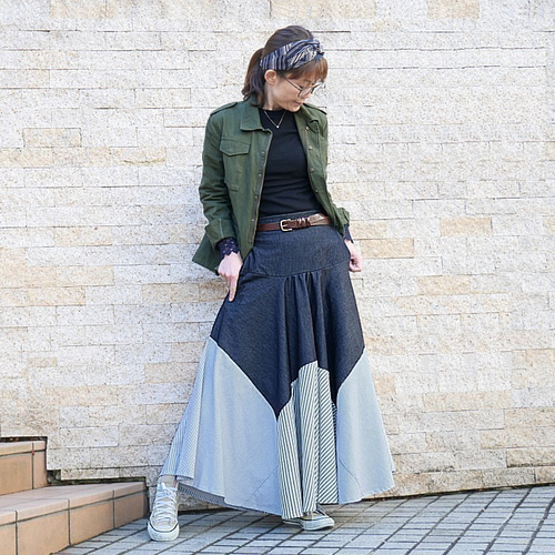 自由自在に変形デザインができる＊デニム×ストライプ切り替え＊ロング  