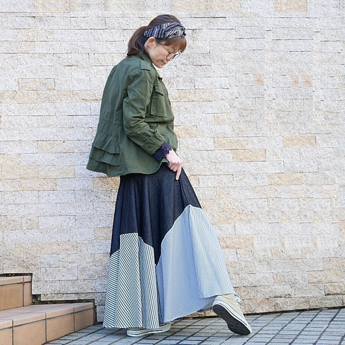 自由自在に変形デザインができる＊デニム×ストライプ切り替え＊ロング