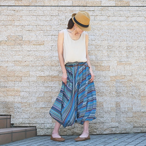 予約販売 ストライプ切り替え＊裾ぼってりのゆる可愛いシルエット パンツ