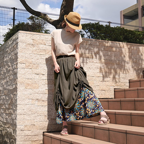 裾クシュクシュ＊変形ギャザーアレンジ＊ボタニカル柄＊レイヤード風