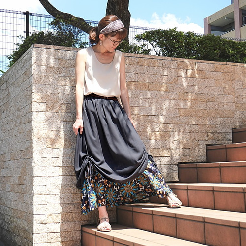 裾クシュクシュ＊変形ギャザーアレンジ＊ボタニカル柄＊レイヤード風