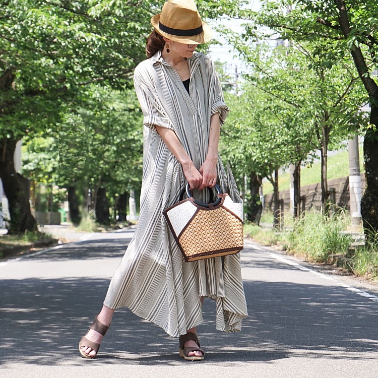 3/10再販×4＊着丈2展開＊ストライプ柄＊スキッパー襟＊こなれ感あるゆったりデザイン＊七分袖＊フレアワンピース＊