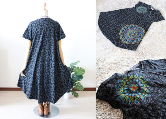 リーフ柄×エスニックフラワー刺繍＊ドロップショルダー＊カシュクール風ワンピース＊エスニック＊『スピード配送1905』 6枚目の画像