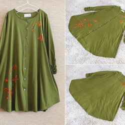 降價*也可用作外罩、洋裝、上衣◎民族花卉刺繡*袖子精梳洋裝*綠色 第4張的照片