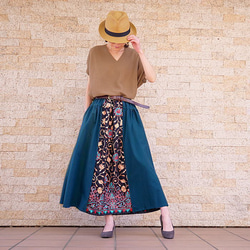 大人上品なお花×蔦の刺繍切り替え＊深みのあるブルーグリーンのロング