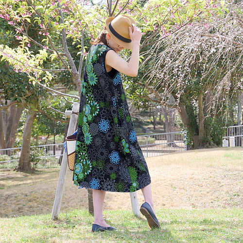 モコリマハワイ　花柄ノースリーブドレス 3/25再販＊オリジナル生地＊着丈2展開＊羽織としても◎＊エスニック