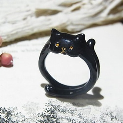 ふぐふぐねこ リング　ブラック　【クイールキャラメリゼ】猫　キャット　指輪　黒　ニャンコ　動物ハンドメイド2016 1枚目の画像