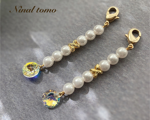 ハンドメイド スワロフスキー＆パールのピアス スワロフスキーのパールロングピアス(マスクチャーム