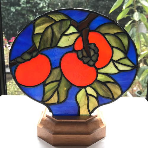 ステンドグラス アートパネル（扇型スタンド）（Ap-3.柿の実