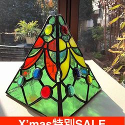 【値下げ！】ステンドグラス　クリスマス テーブルランプ（Lp-3. X'masツリー（小リボン）） 1枚目の画像