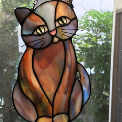 ステンドグラス　ミニアートパネル　インテリア壁掛け（Ap-41.おすわり猫） 4枚目の画像