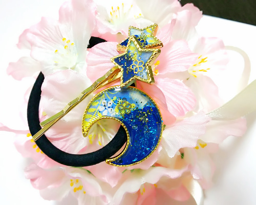 レジンヘアゴム　パープル　ピンク　ミモザ　乳白色　雲　金箔　綺麗　夕焼け　夜空 レジンヘアゴムパープルピンクミモザ乳白色雲金箔綺麗夕焼け夜空
