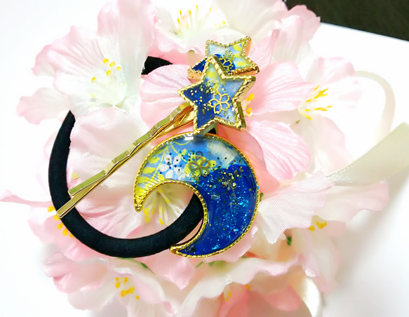 大人気！再再販の夏の夜空レジンゴム月のヘアゴム&星のピン