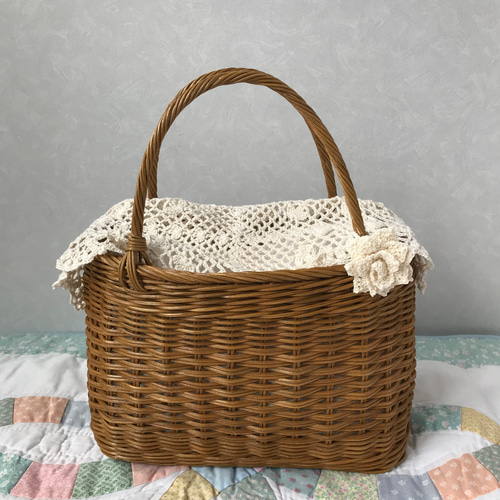 【リノさま専用】ヴィンテージ　籐製 かごバッグ 古い籐巻きの煎茶籠 中間サイズ 30cm 更紗あり ヴィンテージカゴ