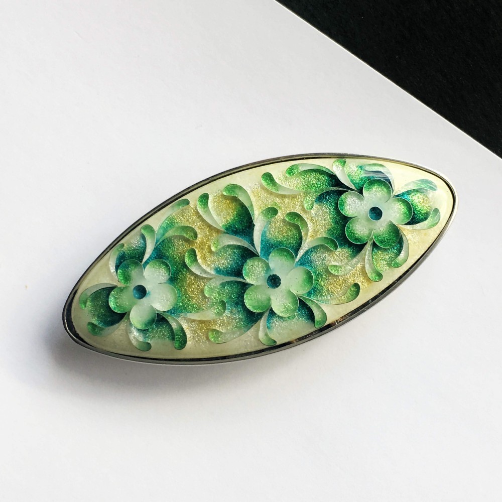 唐草 七宝焼ブローチ 若草 純銀張有線七宝