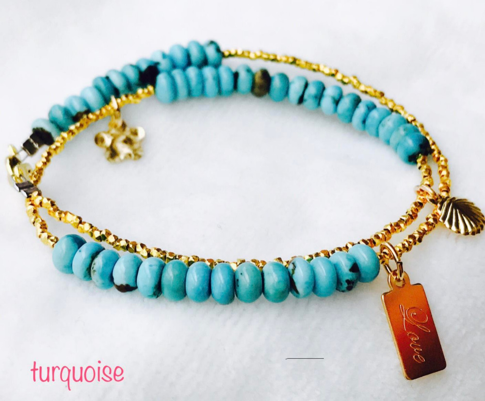 ターコイズ&カレンシルバー18金コーティングロンデル2連ブレス