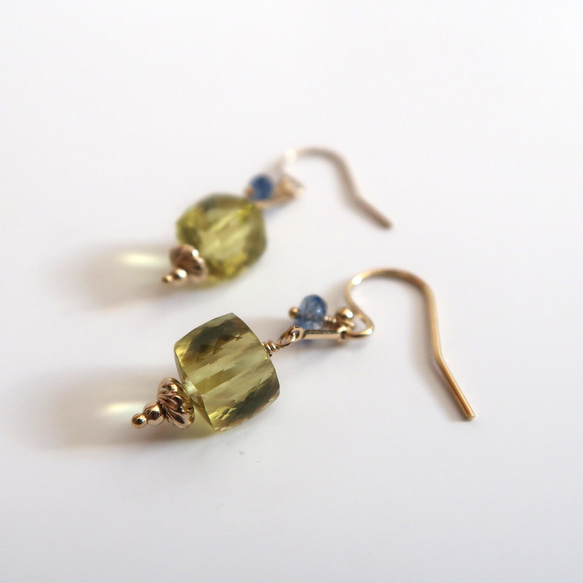 14kgf グリーンカイヤナイトとレモンクォーツのピアス 天然石