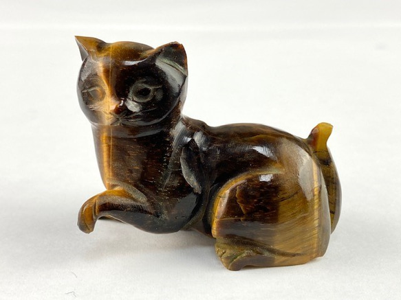 猫虎石像 マーブル石 大理石 タイガーアイ 虎目石 オブジェ