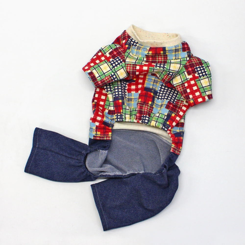 ☆完成品☆ 犬服 チェック＆デニム カバーオール 【DSサイズ