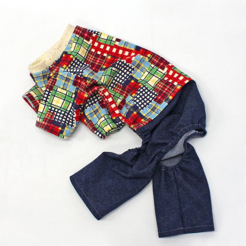 ☆完成品☆ 犬服 チェック＆デニム カバーオール 【DSサイズ