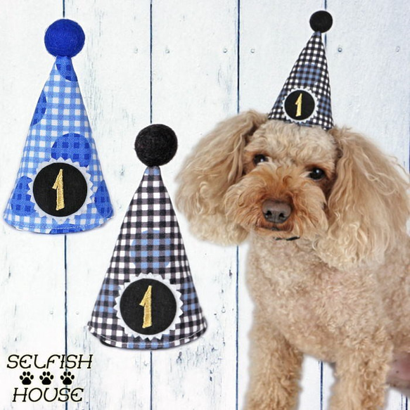 とんがり帽子☆パーティハット☆付け替えOKな数字プレート1個付き 犬 猫 ペット 誕生日 バースデー 1枚目の画像