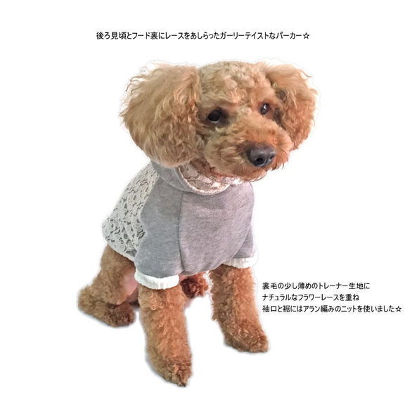 犬服 レース切替グレーパーカー【3S～2L/ダックス/フレブル】あったか 花柄 トレーナー 犬 服 冬 2枚目の画像