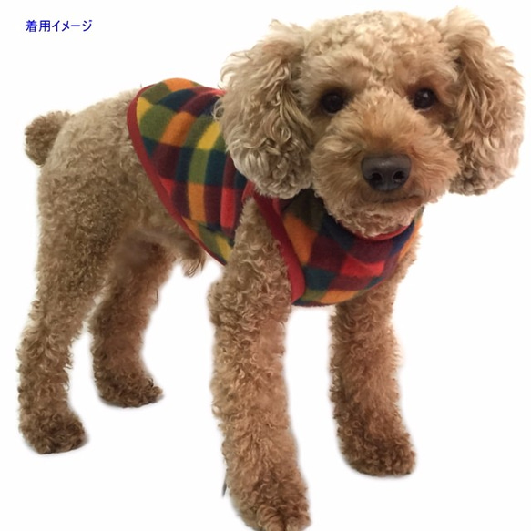 完成品★チェックフリースタンクトップ【Mサイズ・グリーン】 犬の服 秋冬 あったかウェア 4枚目の画像