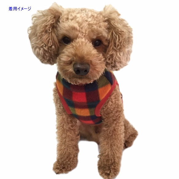 完成品★チェックフリースタンクトップ【Mサイズ・グリーン】 犬の服 秋冬 あったかウェア 5枚目の画像