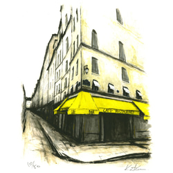 風景画 パリ 版画「街角の黄色いひさしのあるカフェ」 1枚目の画像