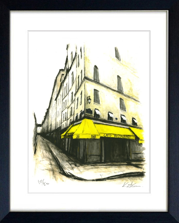 風景画 パリ 版画「街角の黄色いひさしのあるカフェ」 2枚目の画像