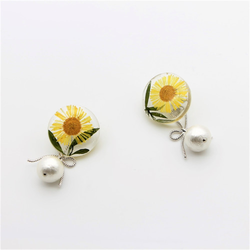 秋冬カラー♡コットンパールドライフラワーピアス no.776 マットゴール2連フラワー花×コットンパールホワイト8