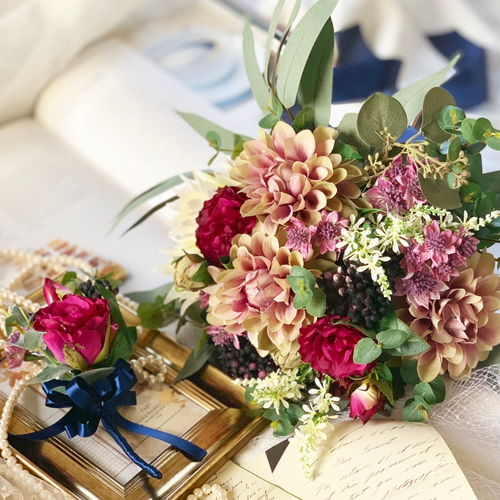 ブーケ・ブートニア _ ひまわりバスケットブーケ ウェディングブーケ ブートニアセット