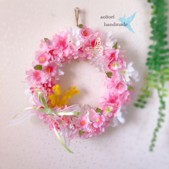 【キットor完成品】桜満開リース〜ミモザを添えて 1枚目の画像