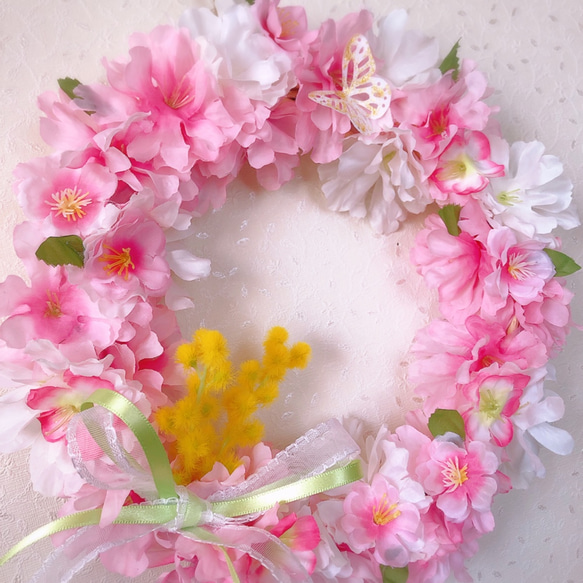 【キットor完成品】桜満開リース〜ミモザを添えて 2枚目の画像