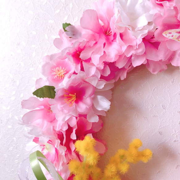 【キットor完成品】桜満開リース〜ミモザを添えて 5枚目の画像