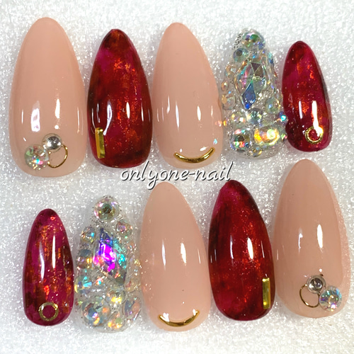 082】赤べっ甲♡人気のキラキラストーン埋め尽くしネイル ネイルチップ
