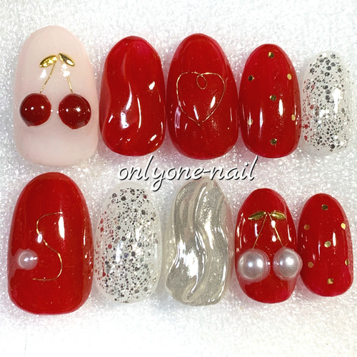 355】さくらんぼネイル♡ニュアンス♡ワイヤー♡ ネイルチップ（つけ爪  