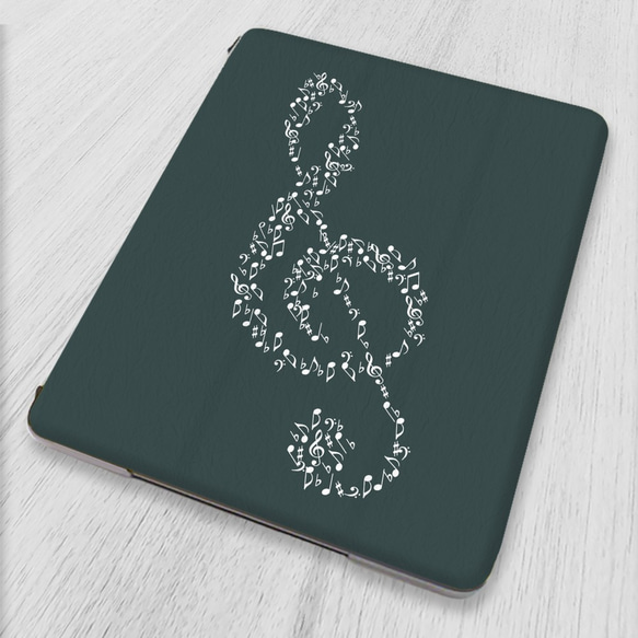 再販♪『音符で紡いだト音記号 ミッドナイトグリーン』軽量♪iPadケース タブレット Pro 第9世代 音楽 ピアノ 1枚目の画像