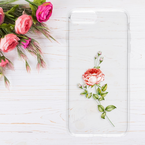 再販×4♪『一輪の薔薇 レッド』iPhone/android スマホケース ハードケース クリア バラ ローズ 花柄 冬 1枚目の画像