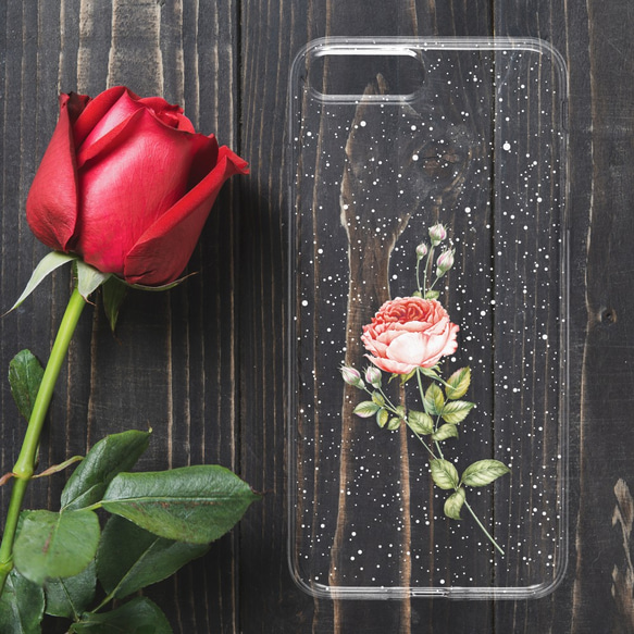 再販×4♪『一輪の薔薇 レッド』iPhone/android スマホケース ハードケース クリア バラ ローズ 花柄 冬 2枚目の画像