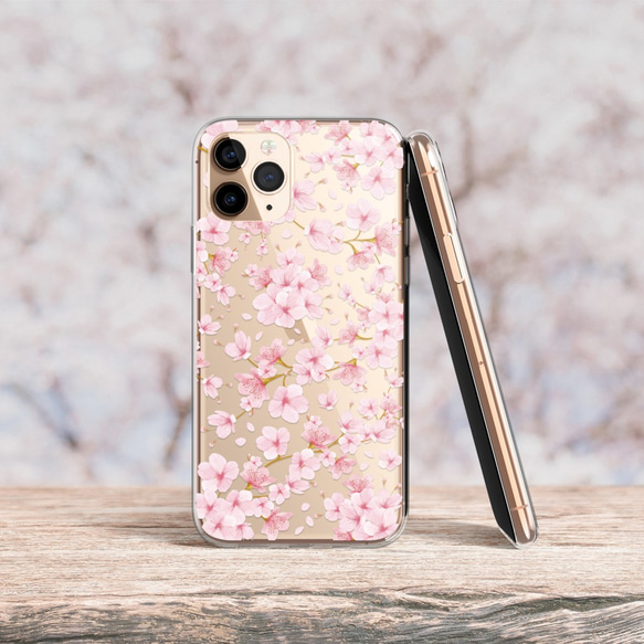 「櫻花盛開」iPhone/Android 肩頸帶智慧型手機殼透明櫻花春季花卉圖案粉紅色 第1張的照片