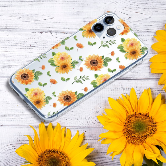 再次上架 5♪“向日葵和大麗花”iPhone/Android 智慧型手機保護殼透明斯堪的納維亞花卉圖案夏季向日葵黃色黃色 第3張的照片