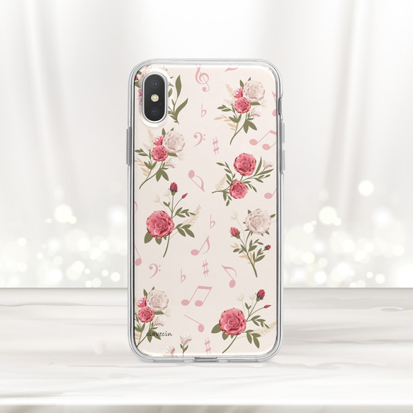 再販3♪『柔らかいピンクの薔薇と音符』花と音符♪iPhone/android ほぼ全機種対応 スマホケース ハードケース 1枚目の画像