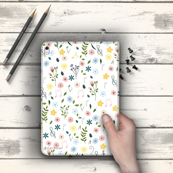 再販♪花と音符シリーズvol.4『手書き風 春色の小花と音符』android　iPadケース　手帳型 1枚目の画像