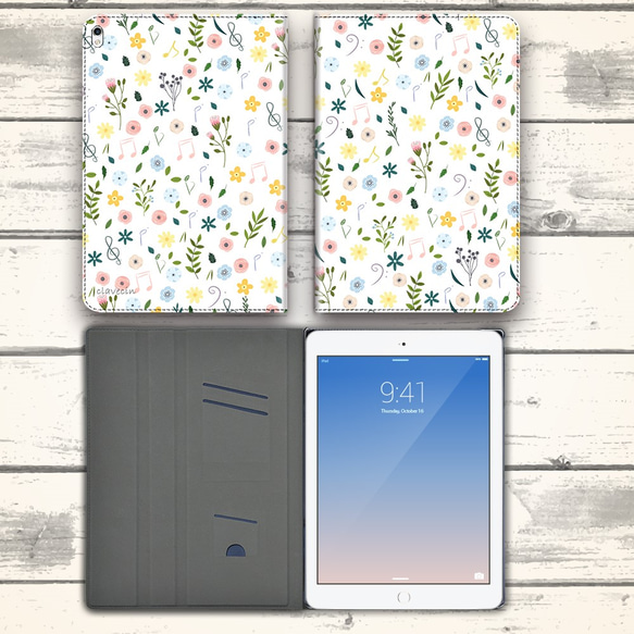 再販♪花と音符シリーズvol.4『手書き風 春色の小花と音符』android　iPadケース　手帳型 4枚目の画像